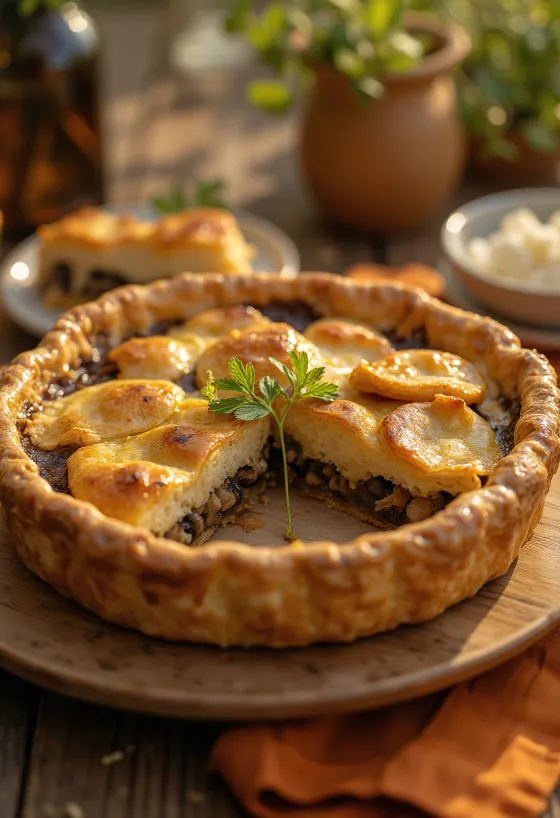 Krémes gombás vegán pite szeletekre vágva