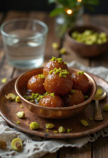 Gulab Jamun pisztáciával, rózsavizes szirupban tálalva.