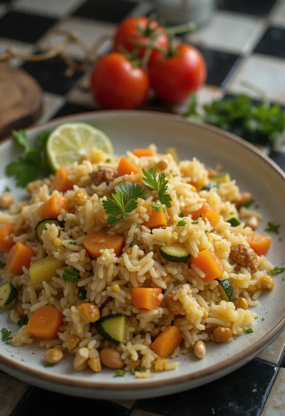 Kabsa zöldségekkel, gazdag fűszerekkel és friss korianderrel