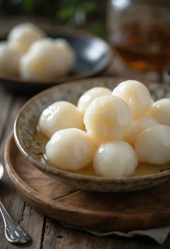 Kínai tang yuan levesgombócok tálalva édes főzőlében, fehér gombócokkal