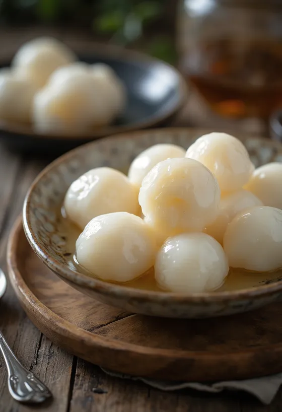 Kínai tang yuan levesgombócok tálalva édes főzőlében, fehér gombócokkal