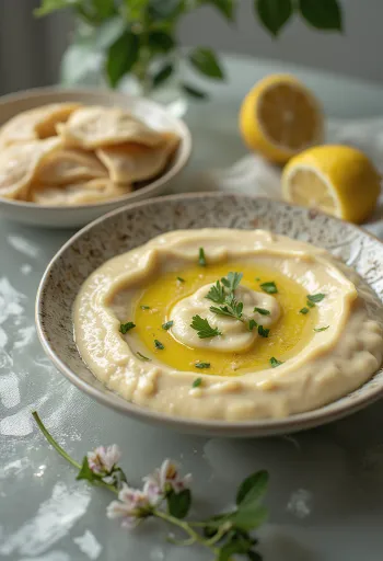 Tahini citromszósz tálalva pitával és grillezett zöldségekkel