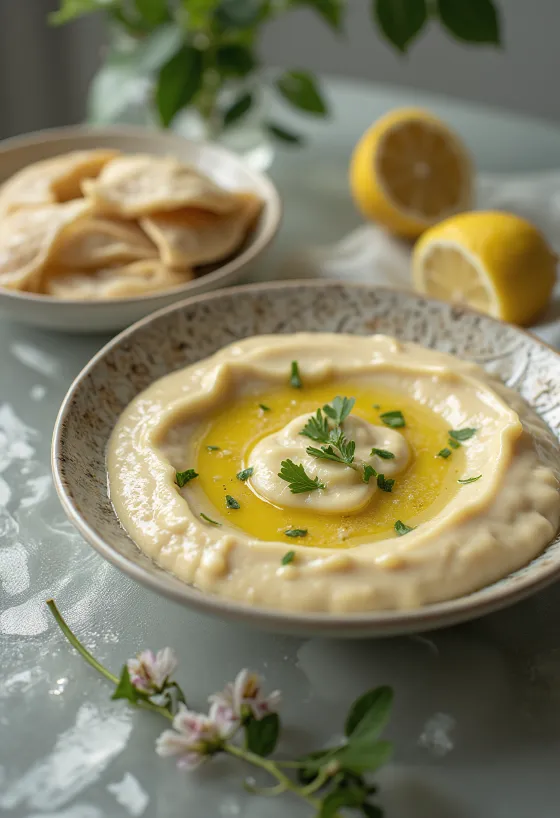 Tahini citromszósz tálalva pitával és grillezett zöldségekkel
