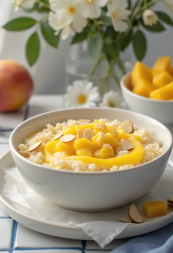 Mango kheer desszert mandulával és kardamommal díszítve