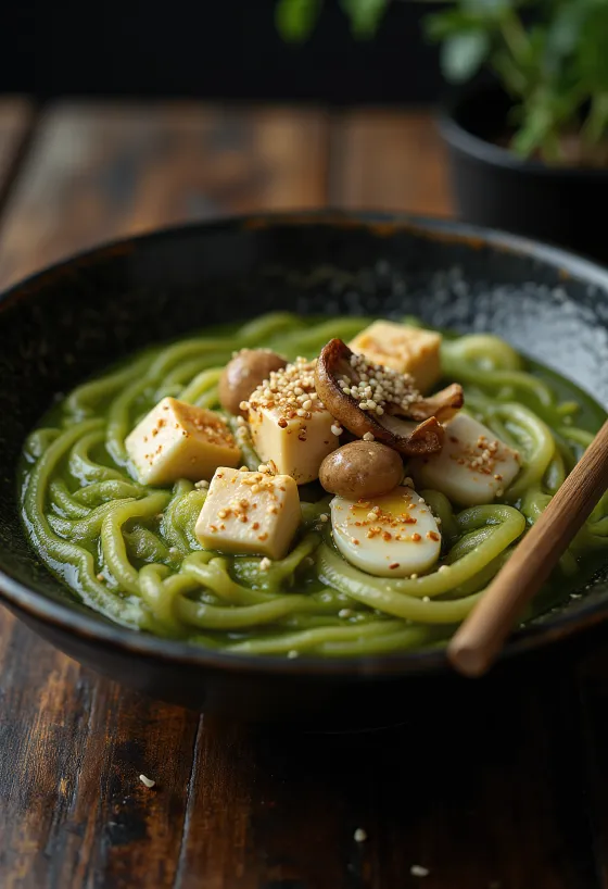Matcha Ramen tálalva zöld teás alaplével