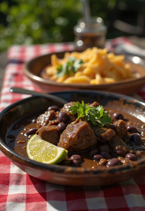Mole de caderas tálalva marhahússal, zöldségekkel és friss korianderrel