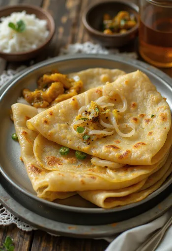 Onion dosa frissen, ropogósra sütve, hagymás töltelékkel tálalva