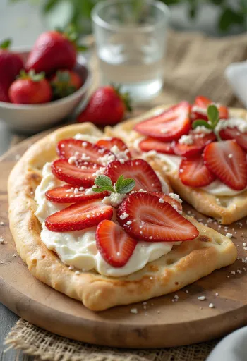 Piadina töltött krémsajttal és eperrel tálalva
