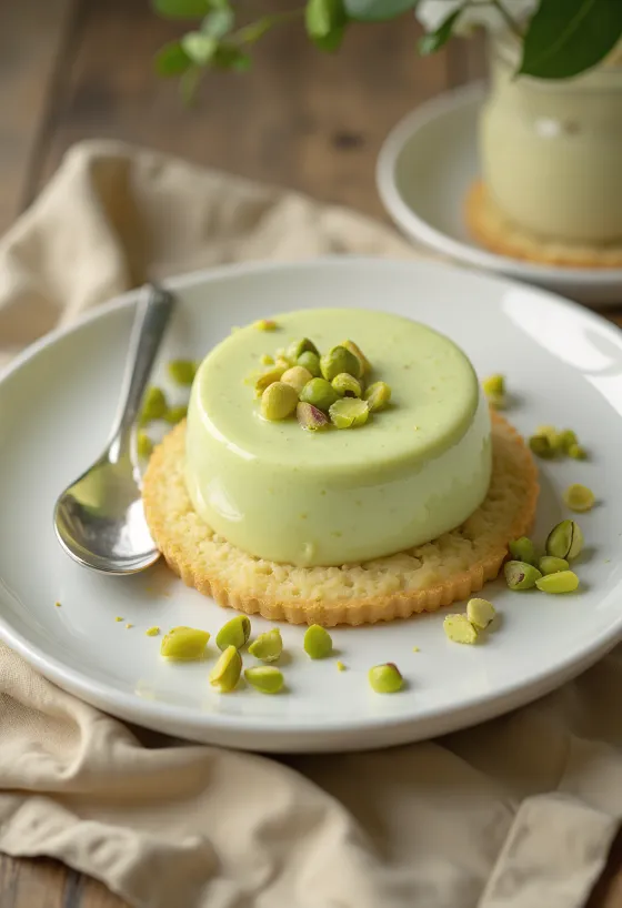 Pisztáciás panna cotta torta pisztáciakrémmel és friss pisztáciával díszítve