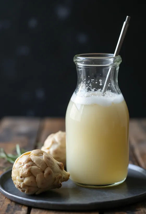Probiotikus csicsóka kefir világos színű ital formájában pohárban, natúr környezetben
