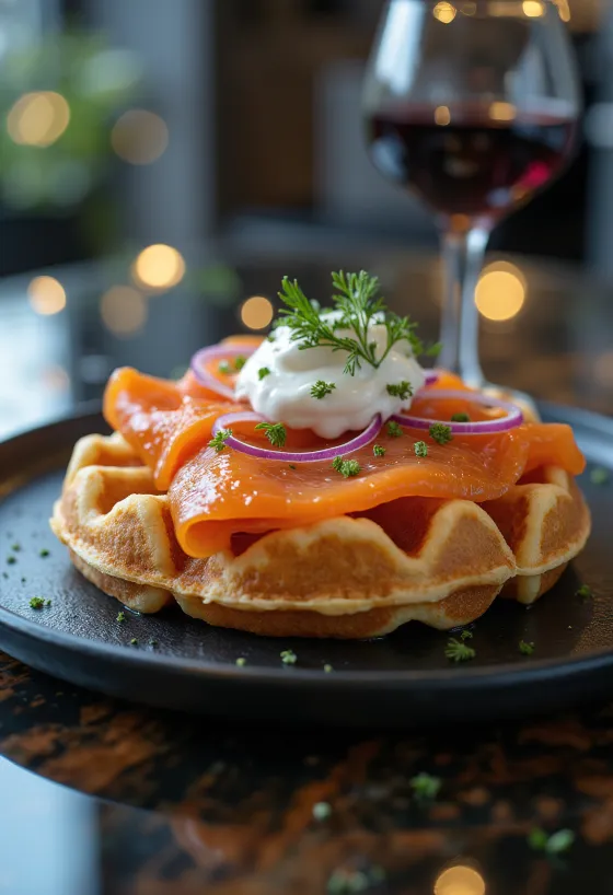 Gravlax-os gofri tálalva kaporral és tejföllel
