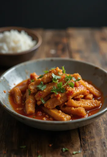 Tempeh sambal csípős szósszal tálalva, friss korianderrel díszítve