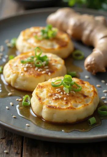 Tofu pancake szójaszósszal és szezámmaggal tálalva