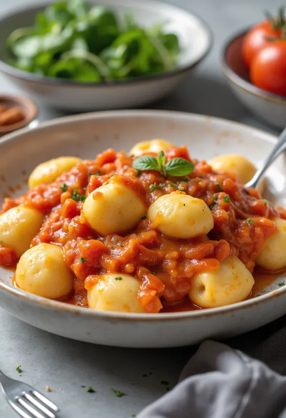 Vegán gnocchi paradicsomszósszal tálalva