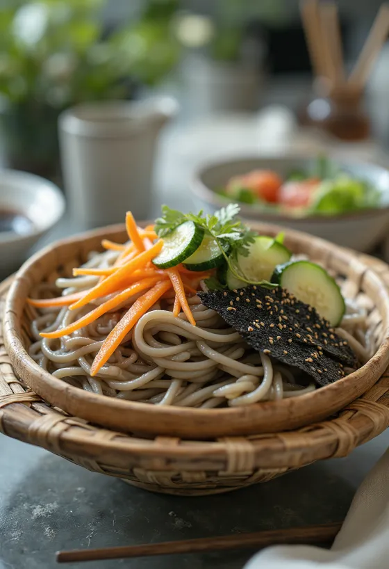 Zaru Soba zöldségekkel, soba tésztával, zöldségekkel és szójaszósszal tálalva