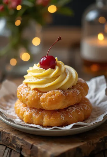 Zeppole vaníliakrémmel, friss, aranybarna sütemények vaníliakrémmel töltve