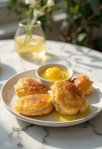 Æbleskiver citromkrémmel, friss és pufók gömböcskék, díszítve citromos szósszal