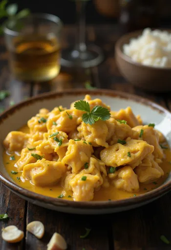 Ají de Gallina fokhagymával, szaftos csirkehússal és gazdag szósszal tálalva.