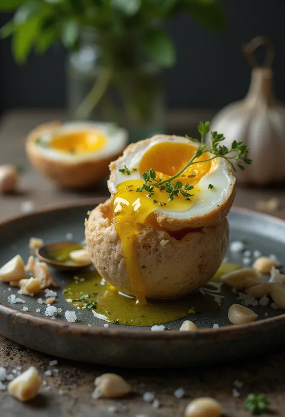Balut fokhagymás olajjal, kacsa tojás friss petrezselyemmel díszítve
