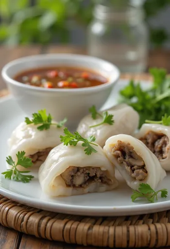 Bánh cuốn csípős szósszal tálalva