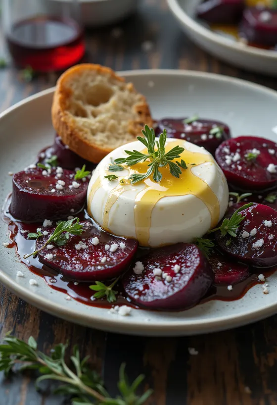 Burrata sült céklával, friss petrezselyemmel, olívaolajjal és balzsamecettel tálalva