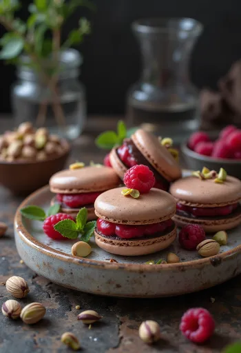 Csokis-málnás-pisztáciás macaronok tálalva