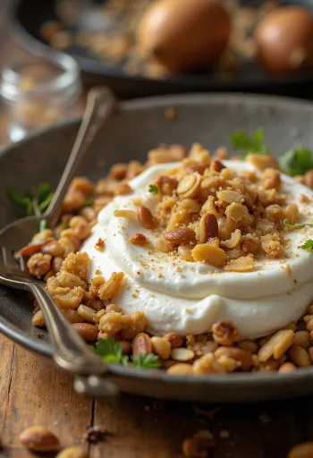 Fatteh pirított magvakkal, pirított pita darabokkal, csicseriborsóval, tahinis joghurttal, pörkölt fenyőmaggal, mandulával és dióval.