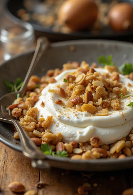 Fatteh pirított magvakkal, pirított pita darabokkal, csicseriborsóval, tahinis joghurttal, pörkölt fenyőmaggal, mandulával és dióval.