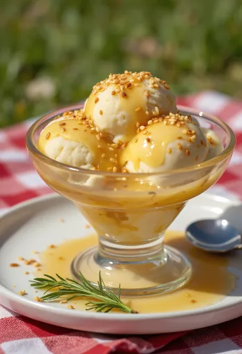 Fokhagymás sundae, vanília fagylalt fokhagymás szószban, szezámmaggal és friss petrezselyemmel díszítve