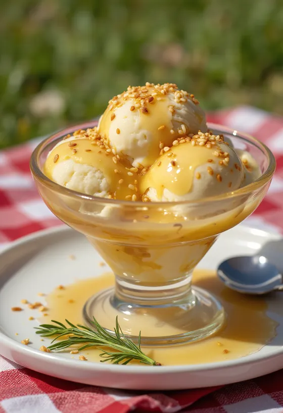 Fokhagymás sundae, vanília fagylalt fokhagymás szószban, szezámmaggal és friss petrezselyemmel díszítve