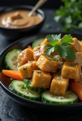 Gado-gado tofuval és tempeh-vel, friss zöldségekkel és mogyorós szósszal