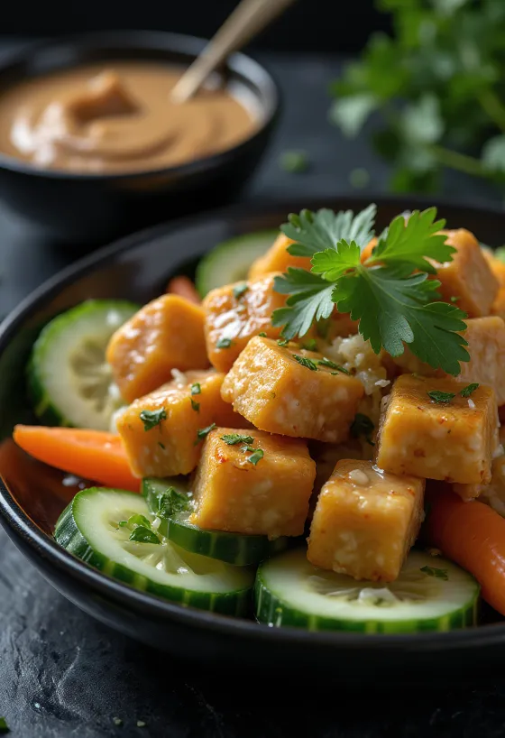 Gado-gado tofuval és tempeh-vel, friss zöldségekkel és mogyorós szósszal