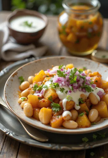 Ghugni chaat burgonyával és friss korianderrel tálalva