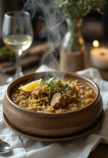 Haleem lencsékkel tálalva, gazdag, sűrű és fűszeres étel