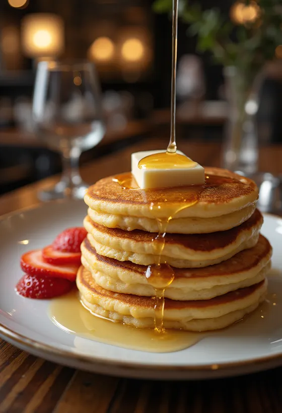 Hotcake juharsziruppal és gyümölcsökkel tálalva