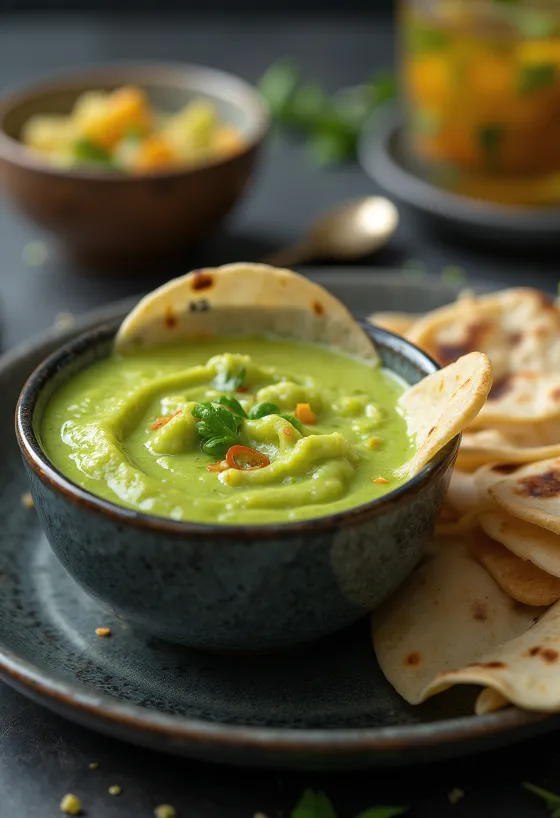 Indiai mentás joghurt chutney tálalva