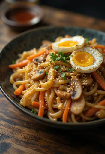 Japchae csirkehússal tálalva, édesburgonya tésztával és zöldségekkel