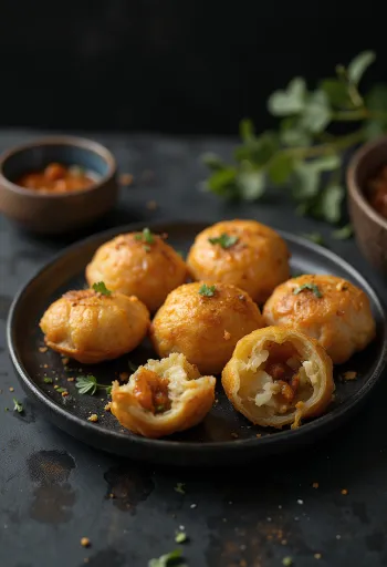 Kachori zöldséges töltelékkel aranybarna, ropogós külsővel tálalva