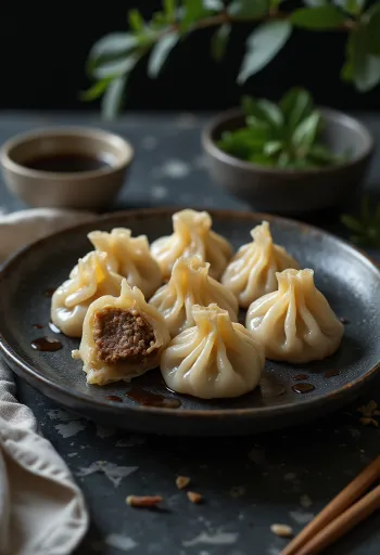 Kínai marhahúsos jiaozi főzve, porcelántányéron tálalva, átvágva a töltelék látható