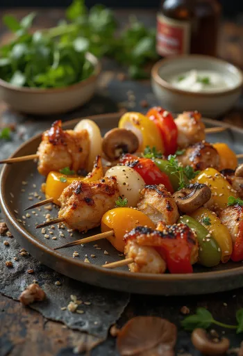 Kushiyaki yakitori vegyes nyárs zöldségekkel és hússal, szezámmaggal és friss zöldhagymával tálalva