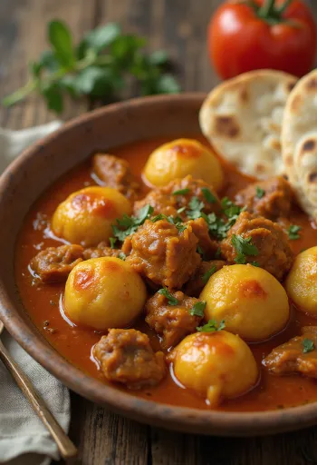 Litti pörkölt fűszeres, búzadara golyókkal és fűszeres pörkölttel tálalva