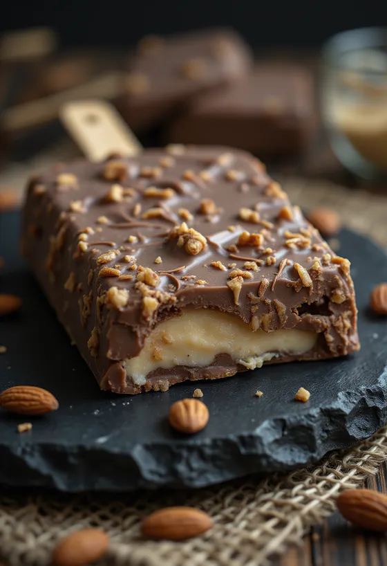 Házi Magnum Almond jégkrém, vastag mandulás csokoládébevonattal, rusztikus háttérrel tálalva