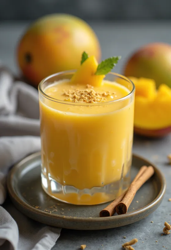 Friss mango lassi pohár, díszítve korianderrel