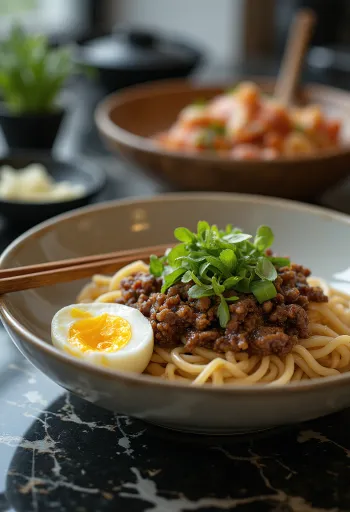 Mazemen száraz, szószos ramen darált hússal és főtt tojással
