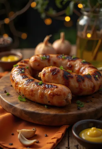Mititei sertéshússal, aranybarna grillkolbászok tálalva