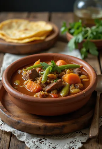 Mole de olla tálalva marhahússal, zöldségekkel és friss korianderrel