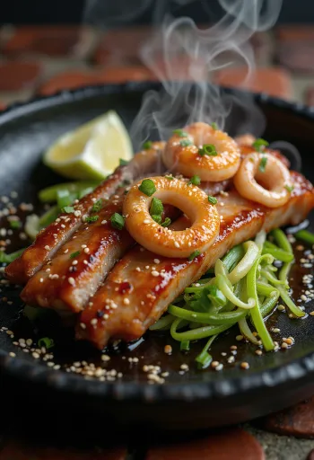 Osam-bulgogi tálalva, sertéshússal és tintahallal