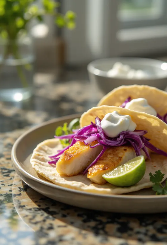 Pescado taco tálalva lime-mal és korianderrel