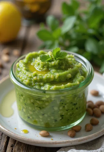 Krémes állagú póréhagymás pesto világos tálban, pirított magokkal és olívaolajjal meglocsolva