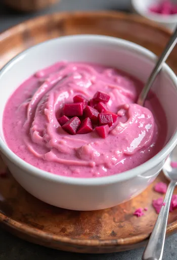 Probiotikus céklás joghurt pohárban, élénk rózsaszín árnyalatú, sűrű és krémes textúrával